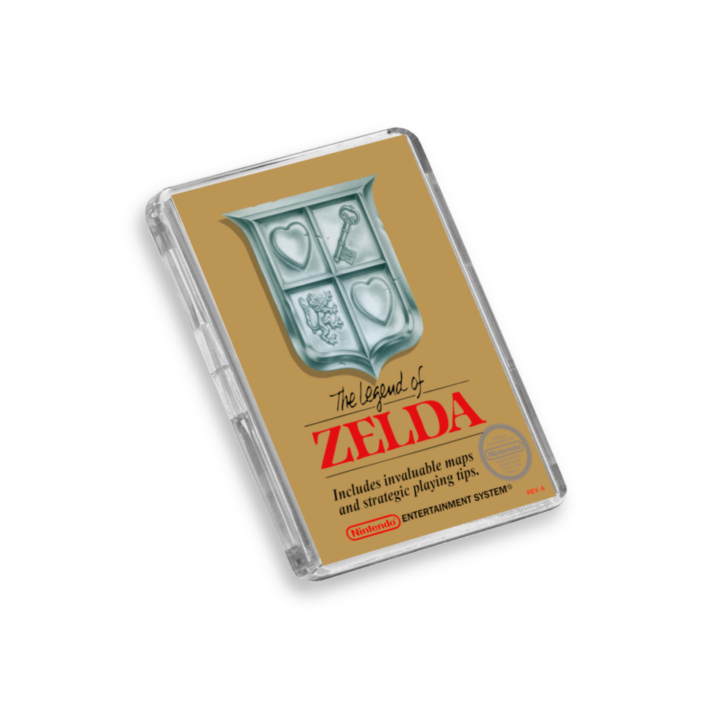 Image of a Legend of Zelda NES cover inspired fridge magnet from MagnetPlanet, on a white background