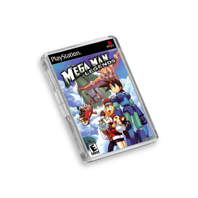 Plastic Mega Man Legends PS1 fridge magnet on a white background