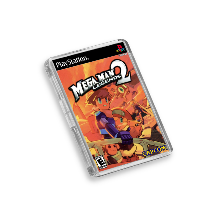 Plastic Mega Man Legends 2 PS1 fridge magnet on a white background