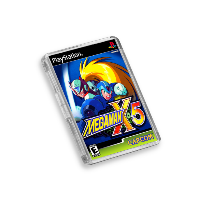 Plastic Mega Man X5 PS1 fridge magnet on a white background
