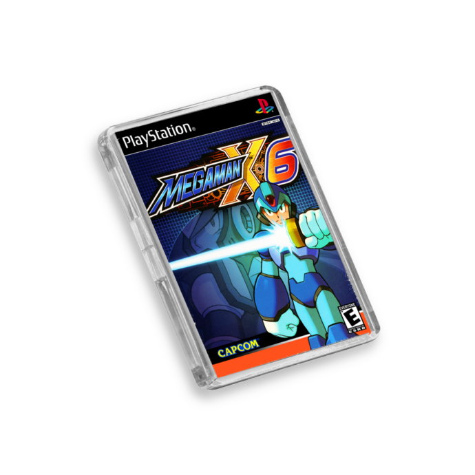 Plastic Mega Man X6 PS1 fridge magnet on a white background