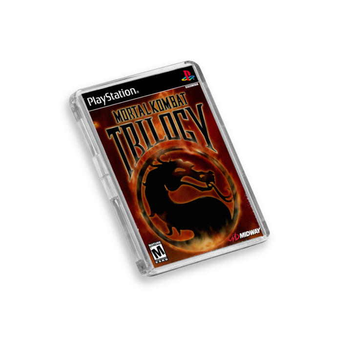 Plastic Mortal Kombat Trilogy PS1 fridge magnet on a white background
