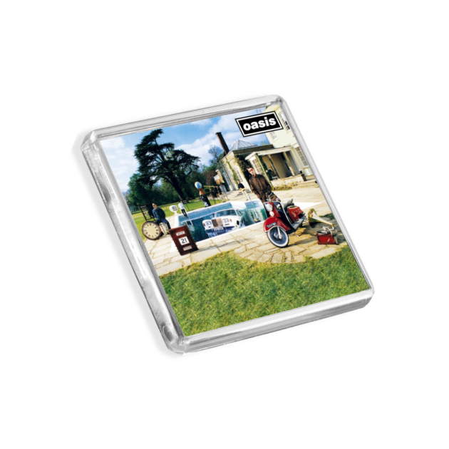 Plastic Oasis fridge magnets - Be Here Now - on a white background