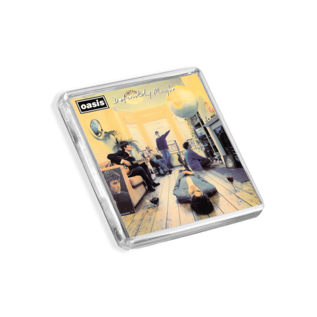 Plastic Oasis fridge magnets - Definitely Maybe - on a white background