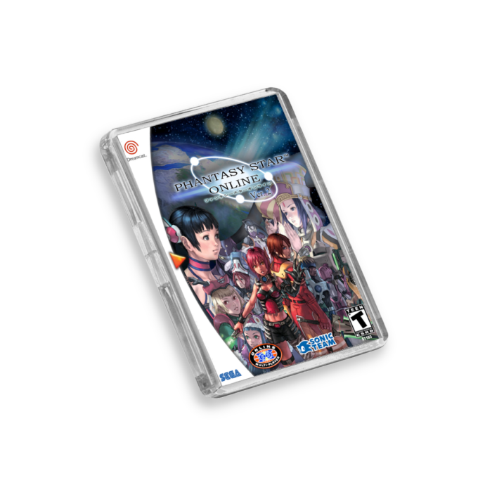 Plastic Dreamcast Phantasy Star Online 2 fridge magnet on a white background