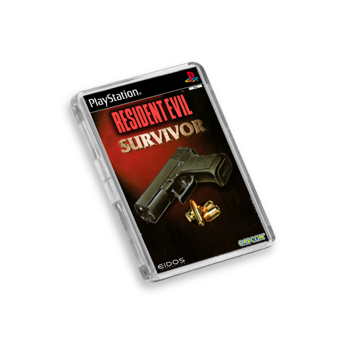 Plastic Resident Evil Survivor PS1 fridge magnet on a white background