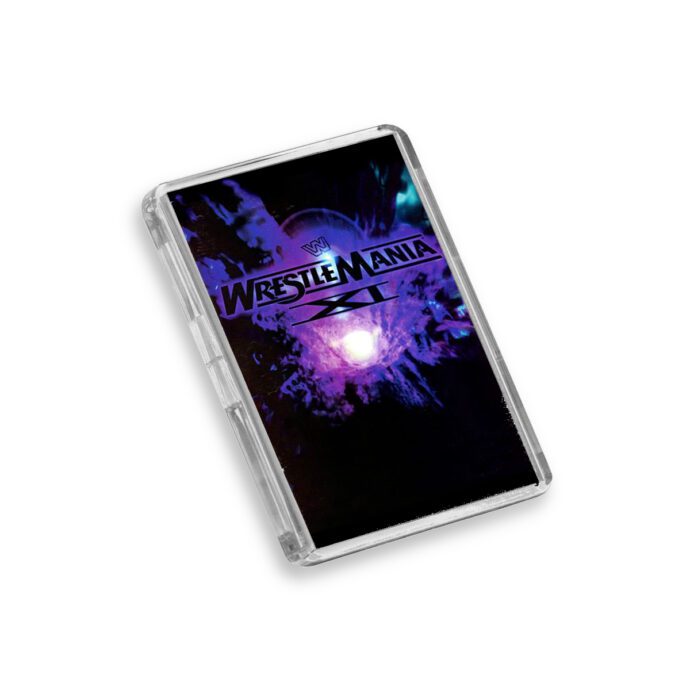 Plastic WWE WrestleMania 11 magnet on a white background
