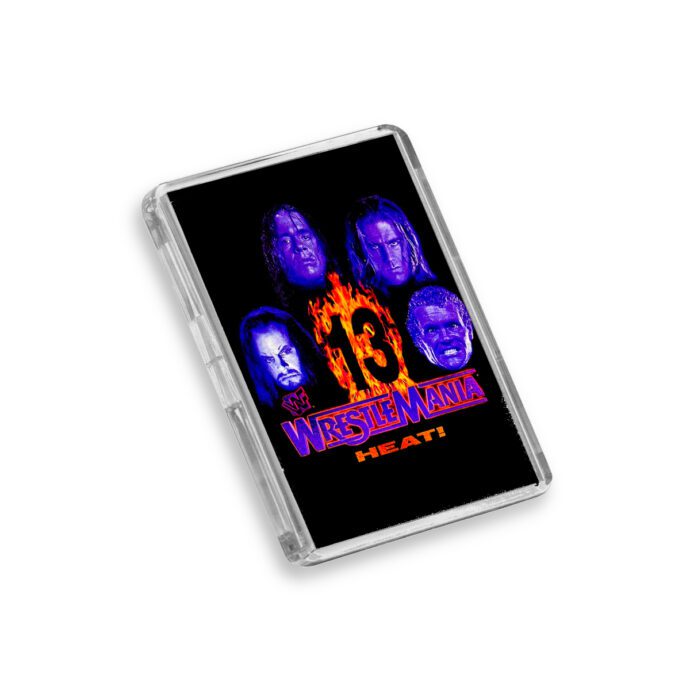 Plastic WWE WrestleMania 13 magnet on a white background
