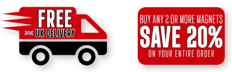 An image of a red and black van offering free UK delivery, and a red rectangle with white text special offer of buy any 2 or more magnets save 20 percent on your entire order