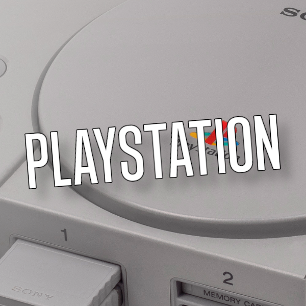 An image of a PlayStation console close up, with the word PlayStation on top.