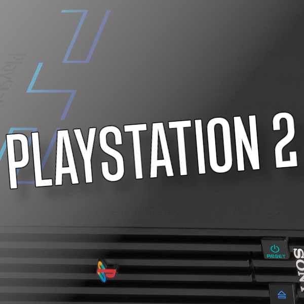 Picture of a PlayStation 2 console, with the word PlayStation 2 written over it.