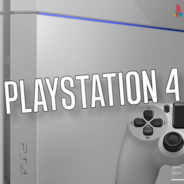 Close up image of a white PlayStation 4 console, with the word PlayStation 4 over the image.