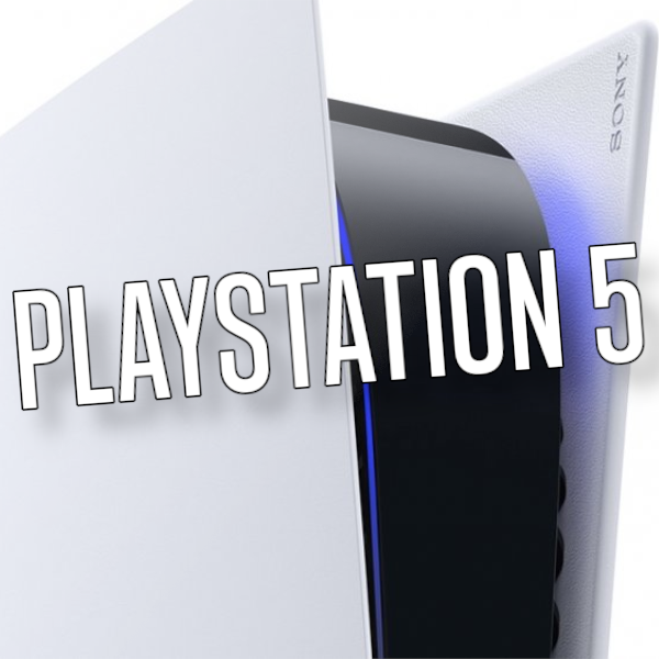 Close up image of a white PlaySTation 5 console, with the word PlayStation 5 over the image.