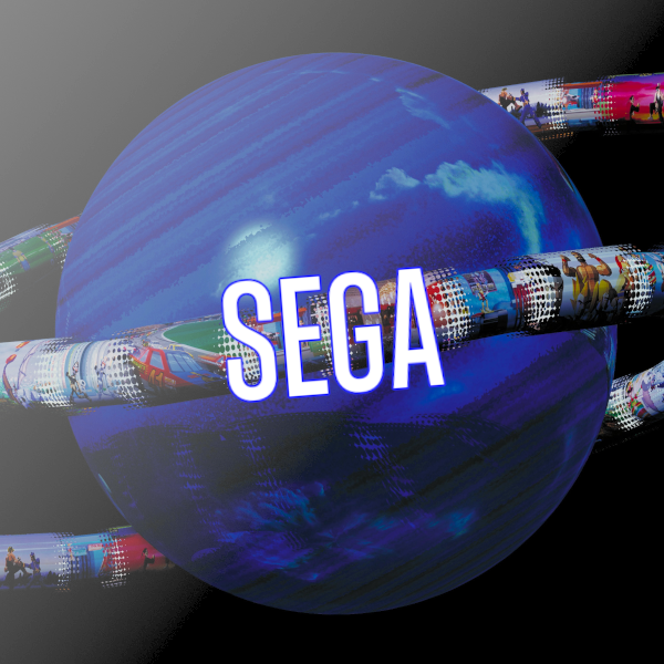 A blue planet with an S shape ring with the word Sega that links to a selection of video game fridge magnets.