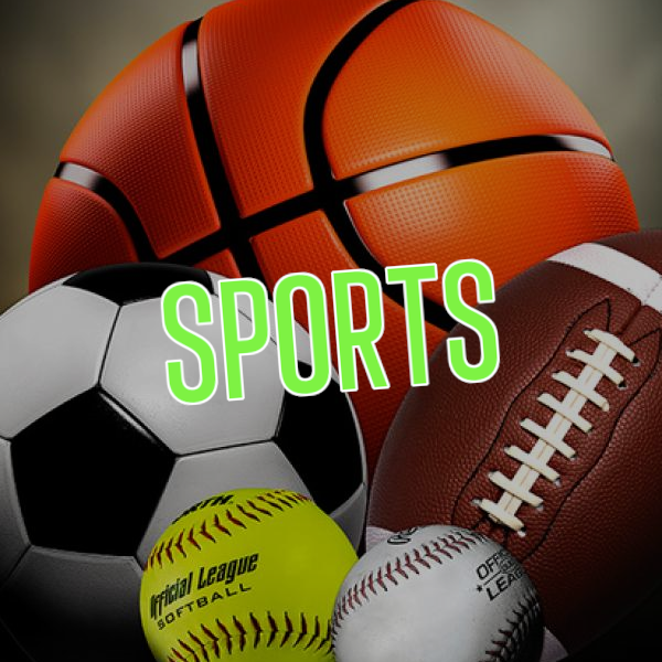 A basketball, American football, football, tennis ball and baseball, with the word Sports