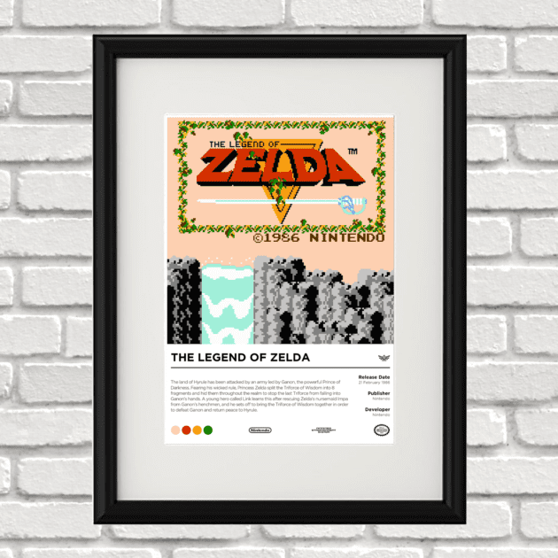 Image of a custom Legend of Zelda print in a black frame mounted on a white brick wall