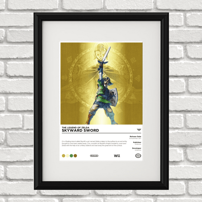Image of a custom Legend of Zelda Skyward Sword print in a black frame mounted on a white brick wall
