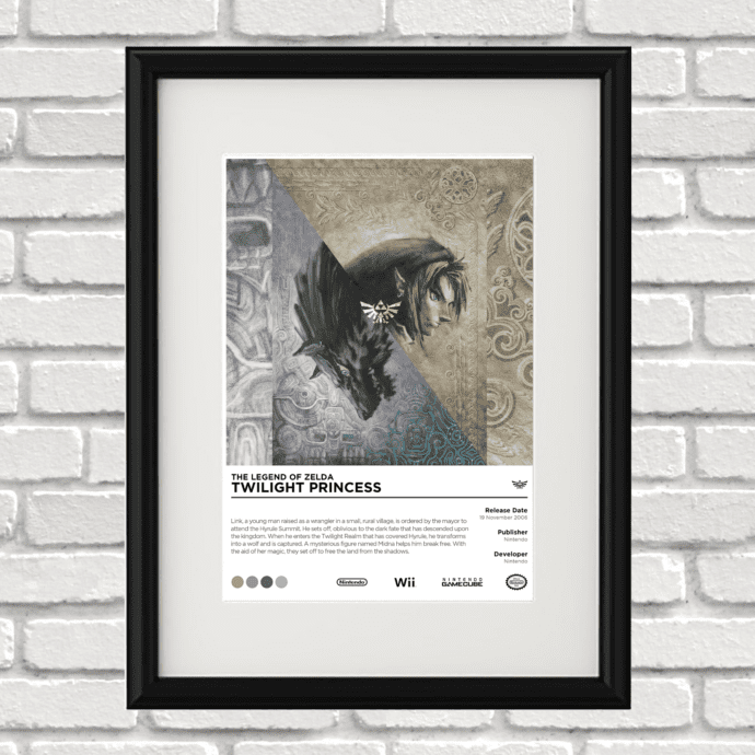 Image of a custom Legend of Zelda Twilight Princess print in a black frame mounted on a white brick wall