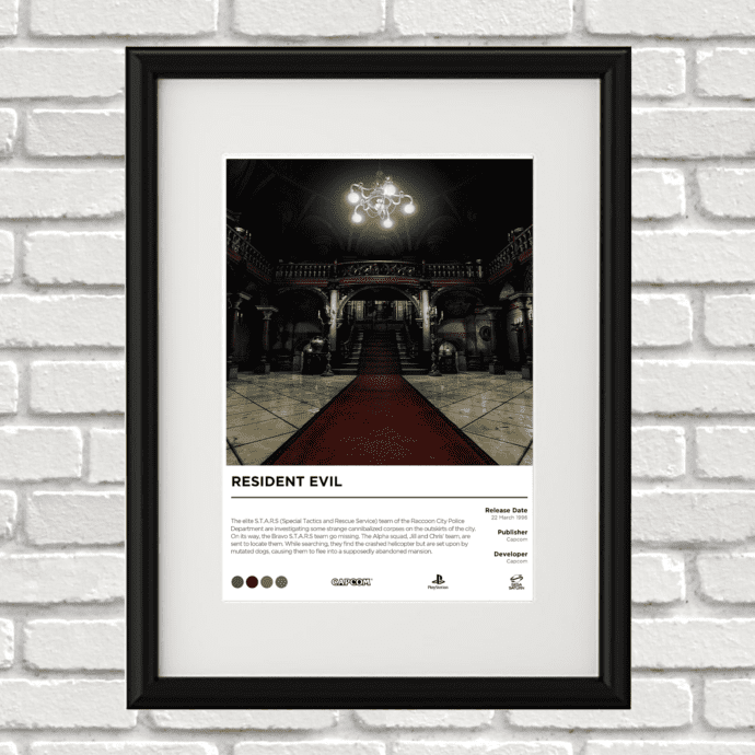 Image of a custom Resident Evil Remake print in a black frame mounted on a white brick wall