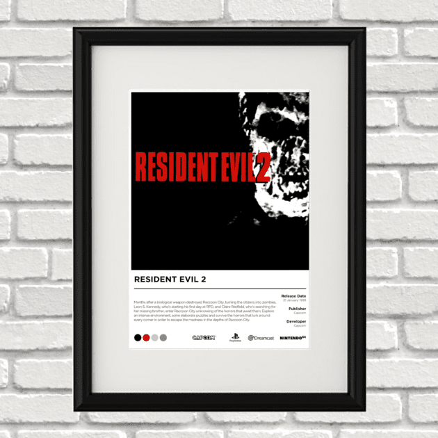 Image of a custom Resident Evil 2 print in a black frame mounted on a white brick wall