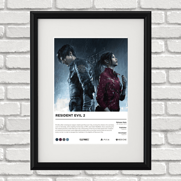 Image of a custom Resident Evil 2 Remake print in a black frame mounted on a white brick wall