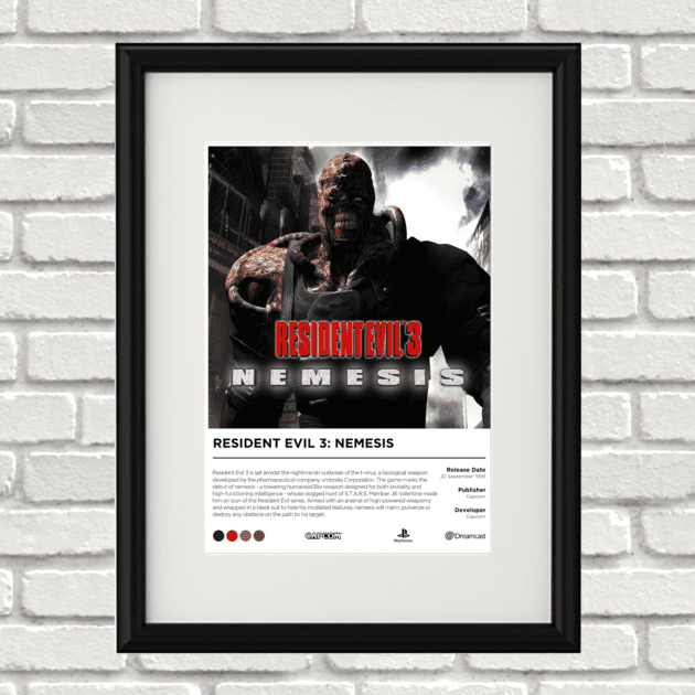 Image of a custom Resident Evil 3 print in a black frame mounted on a white brick wall