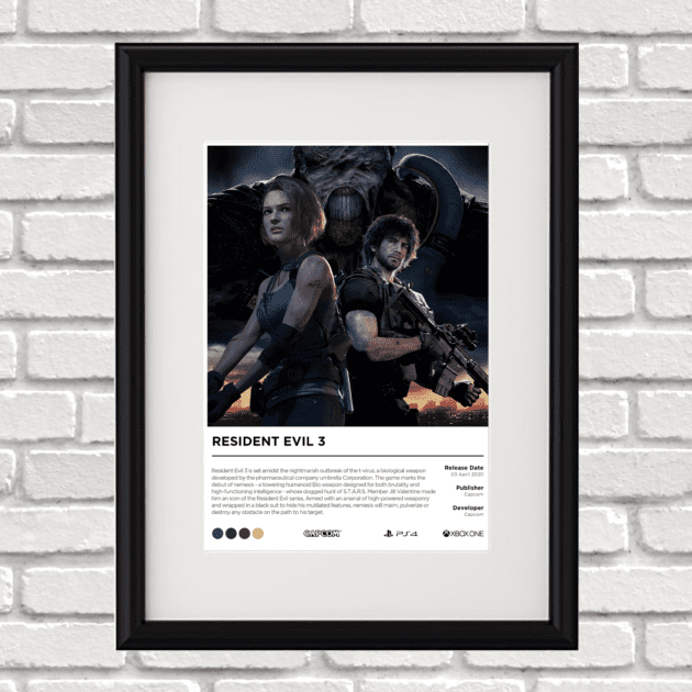 Image of a custom Resident Evil 3 Remake print in a black frame mounted on a white brick wall