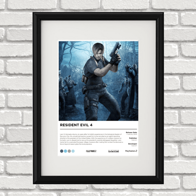 Image of a custom Resident Evil 4 print in a black frame mounted on a white brick wall