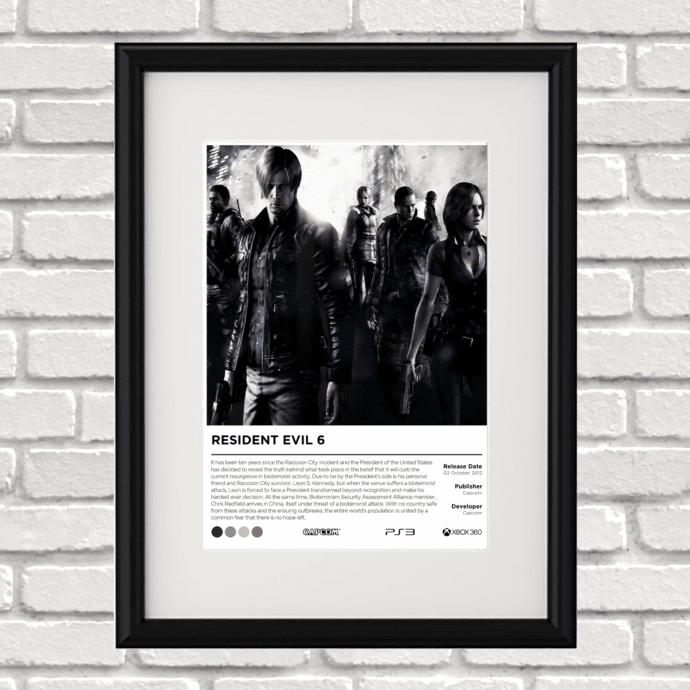 Image of a custom Resident Evil 6 print in a black frame mounted on a white brick wall