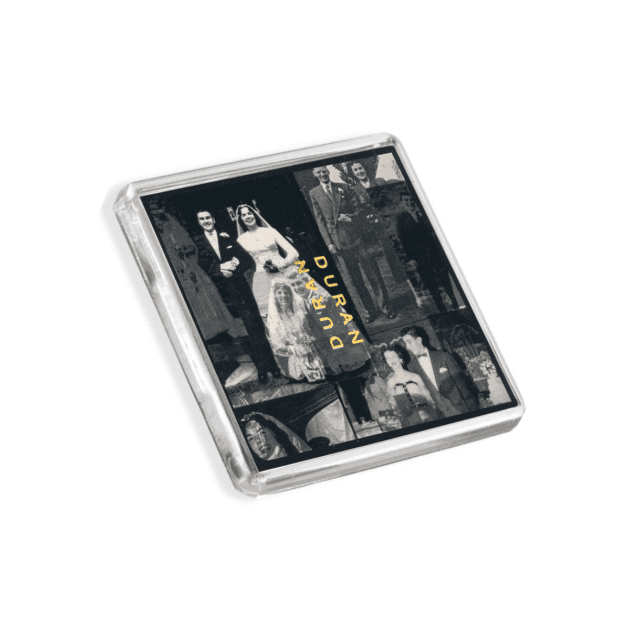 Image of Duran Duran - The Wedding Album cover-inspired fridge magnet on a white background