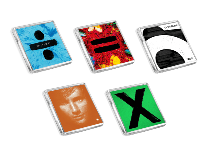 Set of 5 Ed Sheeran album cover-inspired fridge magnets on a white background