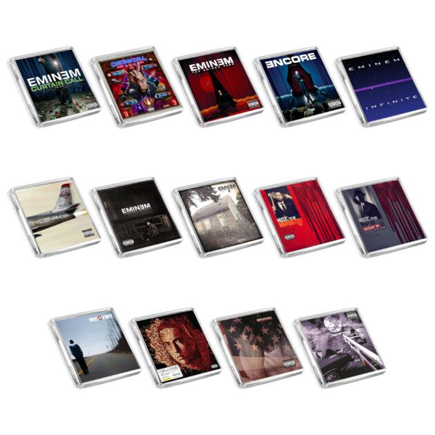 Set of 14 Eminem album cover-inspired fridge magnets on a white background