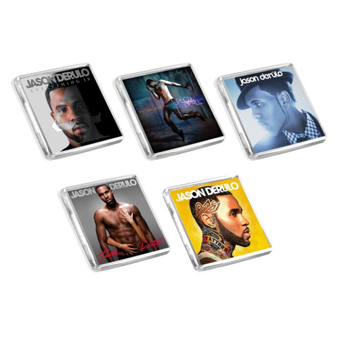 Set of 5 Jason Derulo album cover-inspired fridge magnets on a white background