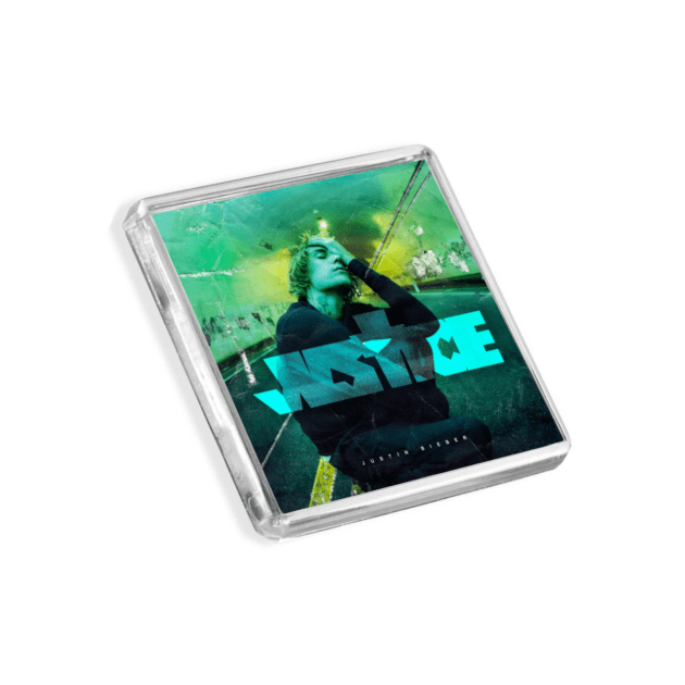 Image of Justin Bieber - Justice album cover-inspired fridge magnet on a white background