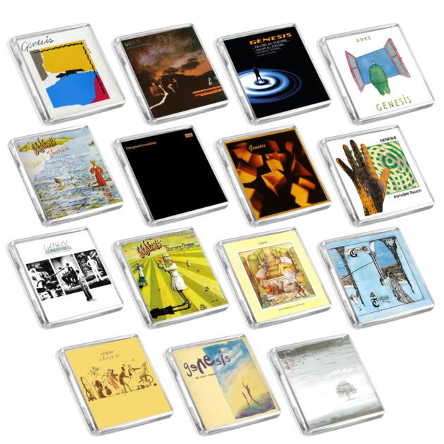 Set of 15 Genesis album cover-inspired fridge magnets on a white background