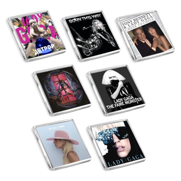 Set of 7 Lady Gaga album cover-inspired fridge magnets on a white background