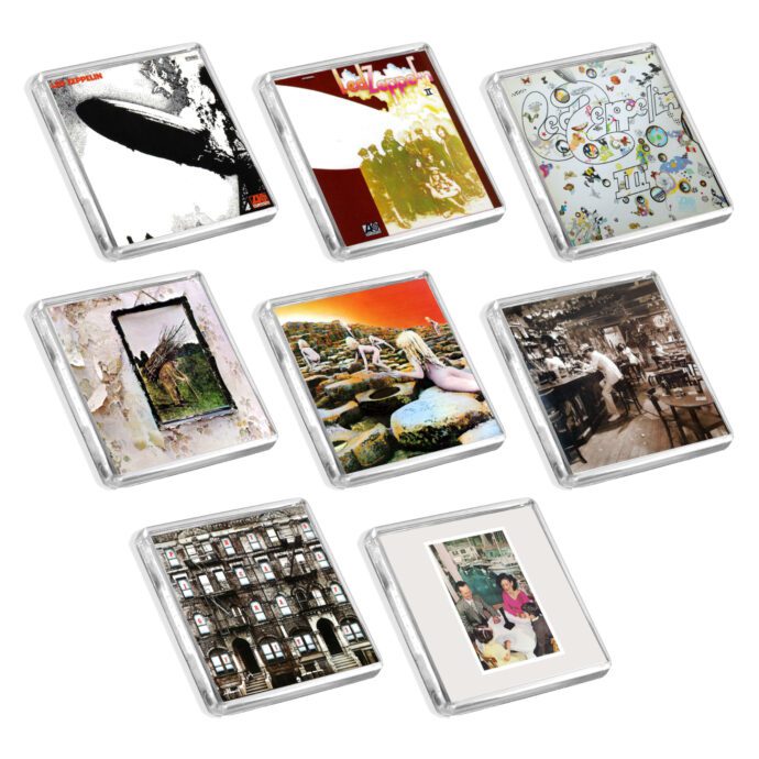 Set of 8 Led Zeppelin album cover-inspired fridge magnets on a white background