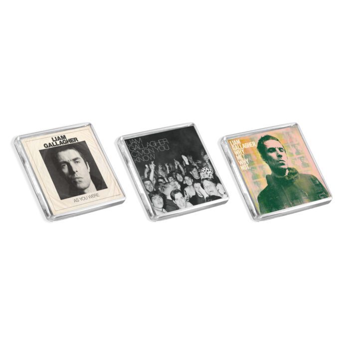 Set of 3 Liam Gallagher album cover-inspired fridge magnets on a white background