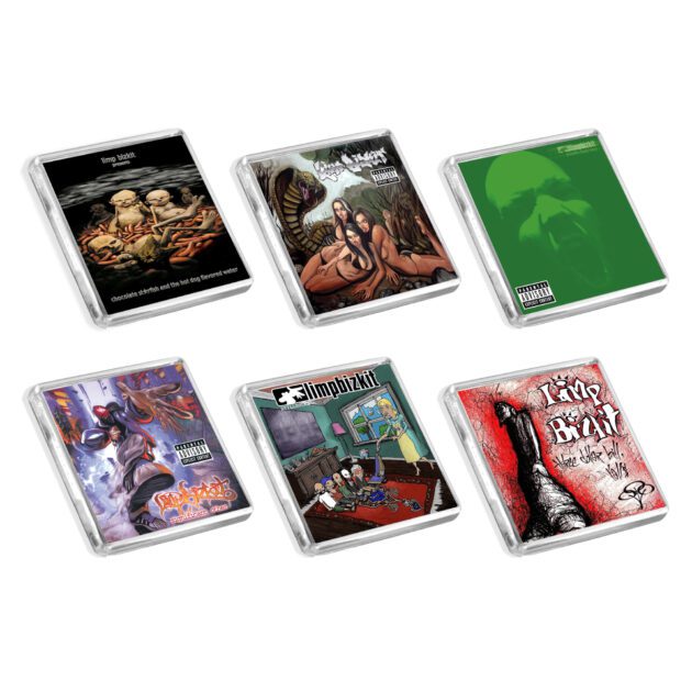 Set of 6 Limp Bizkit album cover-inspired fridge magnets on a white background