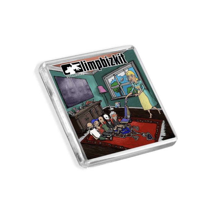 Image of Limp Bizkit - Still Sucks album cover-inspired fridge magnet on a white background