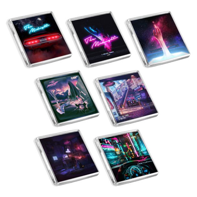 Set of 7 The Midnight album cover-inspired fridge magnets on a white background