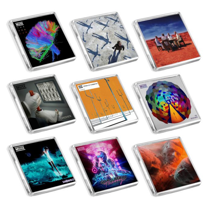 Set of 9 Muse album cover-inspired fridge magnets on a white background