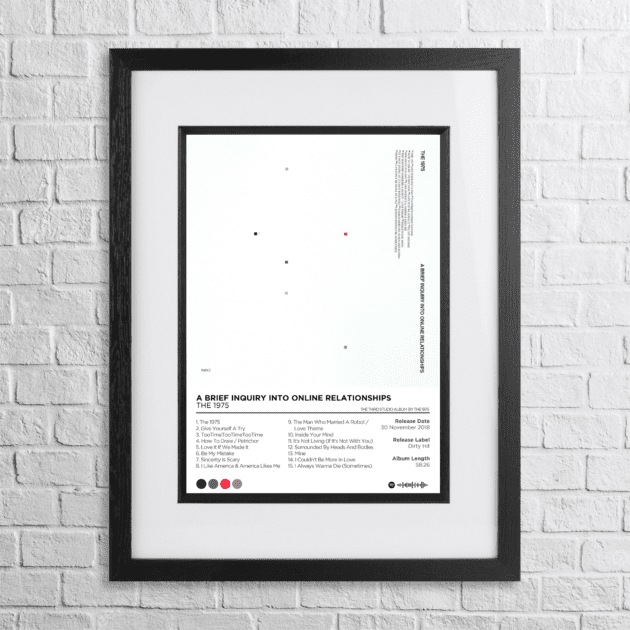 A4 custom design poster of 1975 - A Brief Inquiry Into Online Relationships in a black, dual-aspect frame on a white brick background
