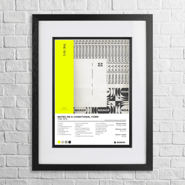A4 custom design poster of 1975 - Notes On A Conditional Future in a black, dual-aspect frame on a white brick background