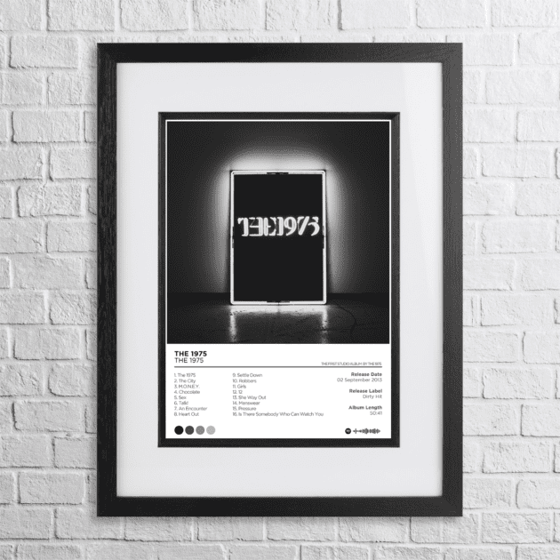 A4 custom design poster of 1975 - The 1975 in a black, dual-aspect frame on a white brick background