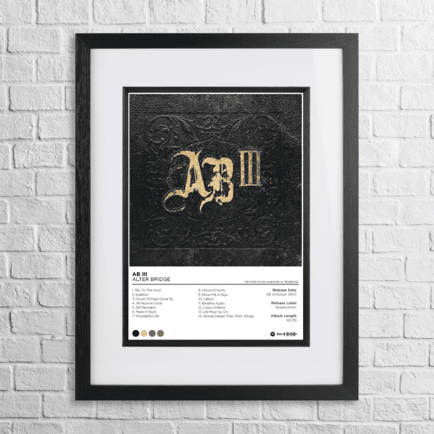 A4 custom design poster of Alter Bridge - AB III in a black, dual-aspect frame on a white brick background