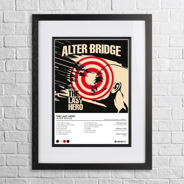 A4 custom design poster of Alter Bridge - The Last Hero in a black, dual-aspect frame on a white brick background