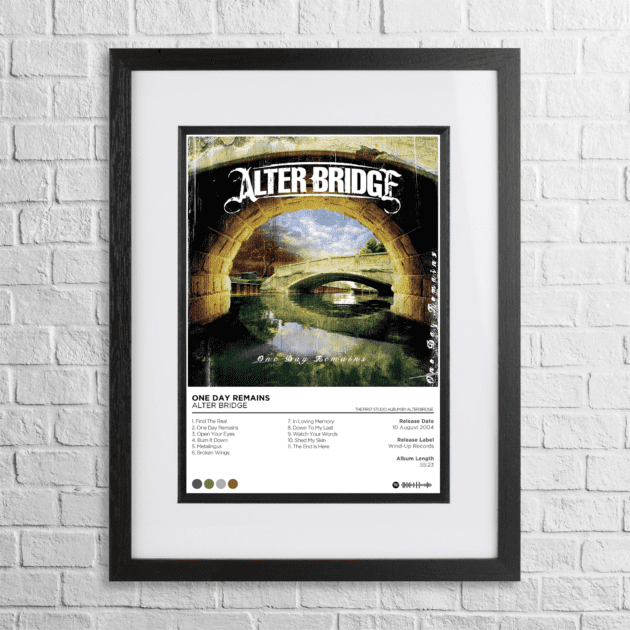A4 custom design poster of Alter Bridge - Fortress in a black, dual-aspect frame on a white brick background