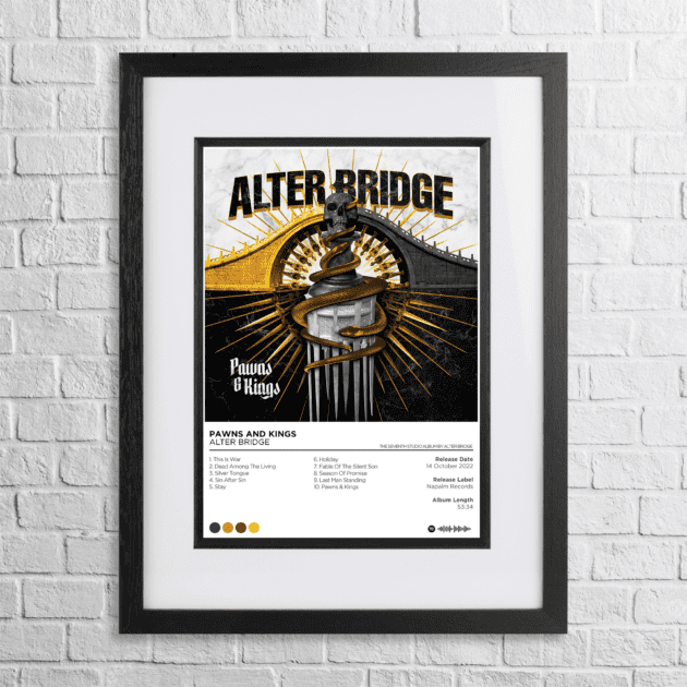 A4 custom design poster of Alter Bridge - Pawns and Kings in a black, dual-aspect frame on a white brick background