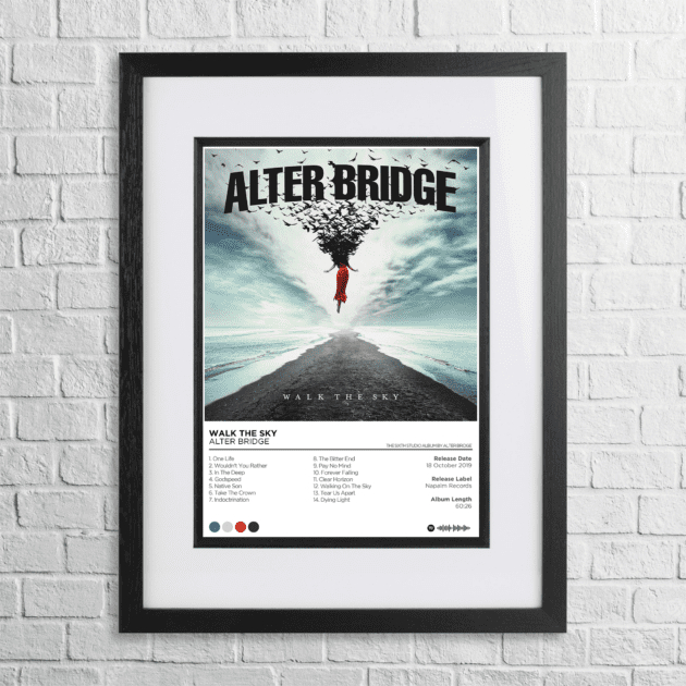 A4 custom design poster of Alter Bridge - Walk The Sky in a black, dual-aspect frame on a white brick background
